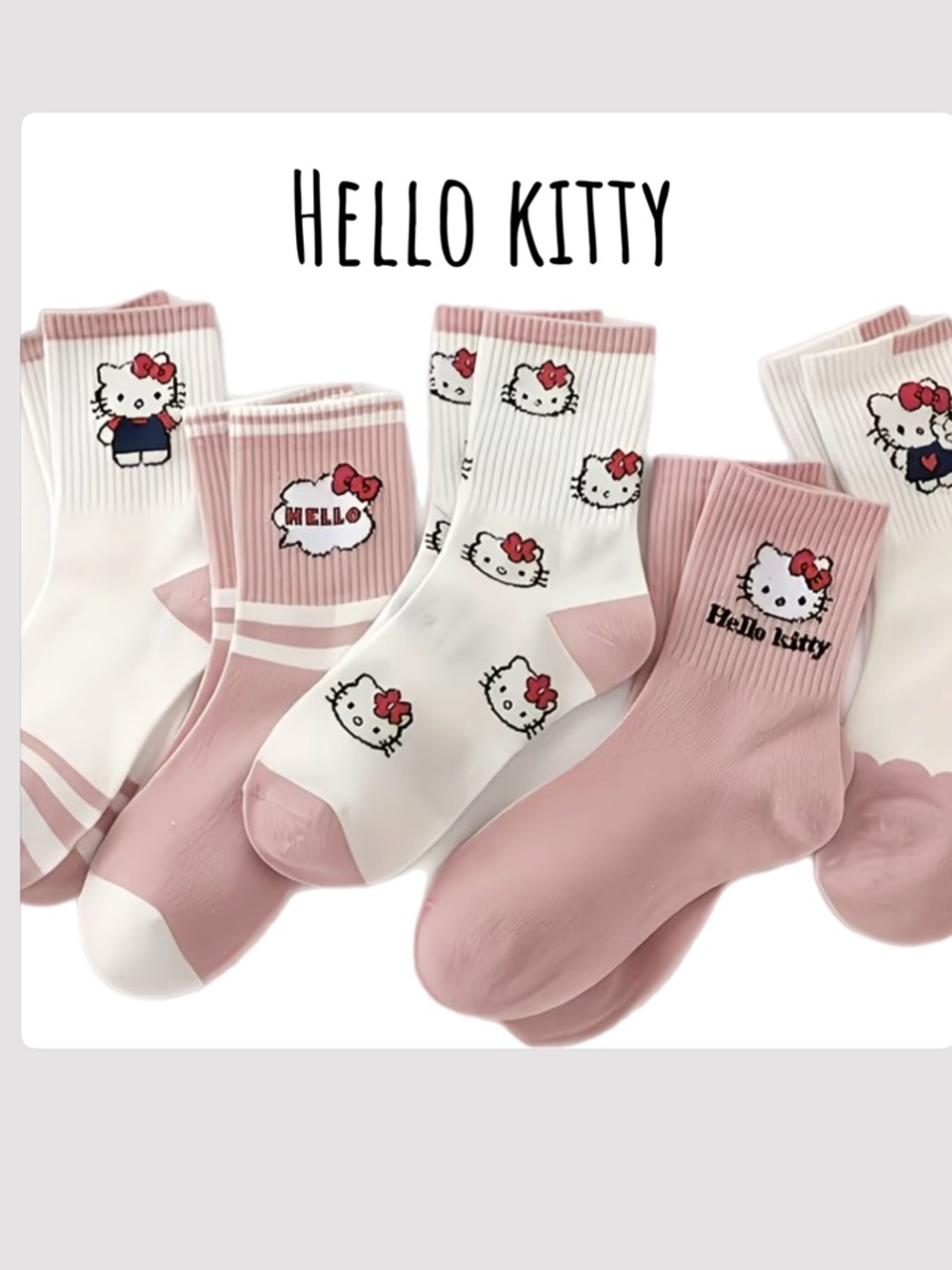 4 Pair Hello Kitty Kids Pink & White Crew Socks -